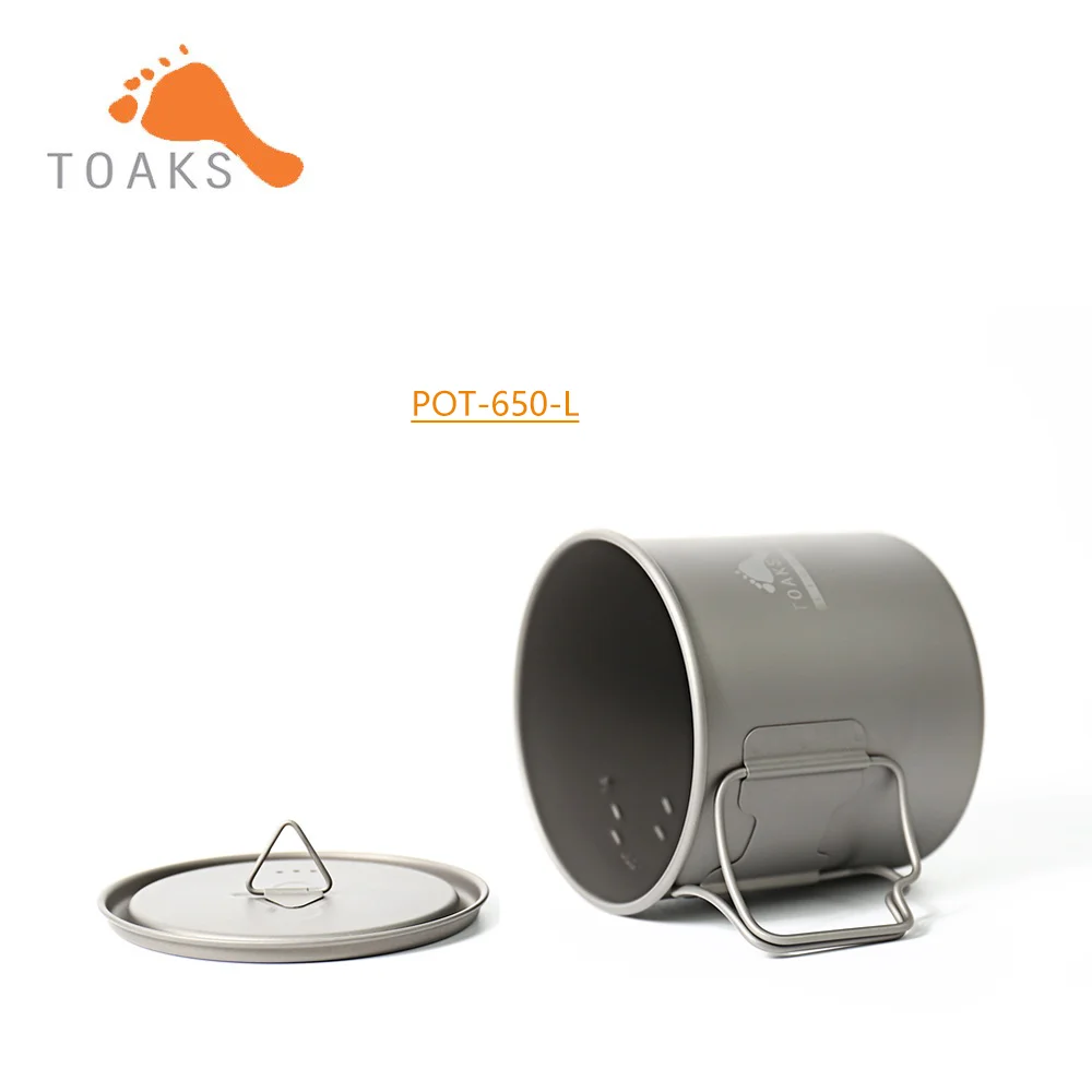 TOAKS-taza POT-650-L de titanio puro para acampar, equipo ligero para exteriores con tapa y mango plegable, vajilla para senderismo, 650ml
