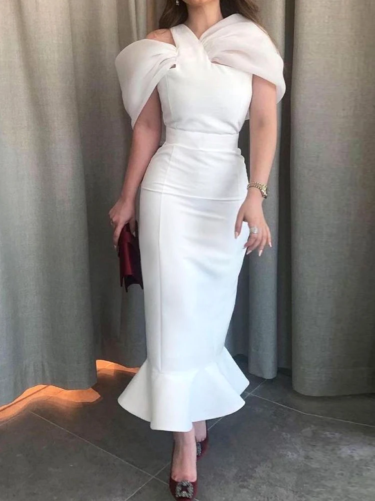 Elegant Women White Dresses Classy Bare Shoulder Cloak Sleeve Long Mermaid Dress for Formal Party Prom Cocktail Wedding Guest