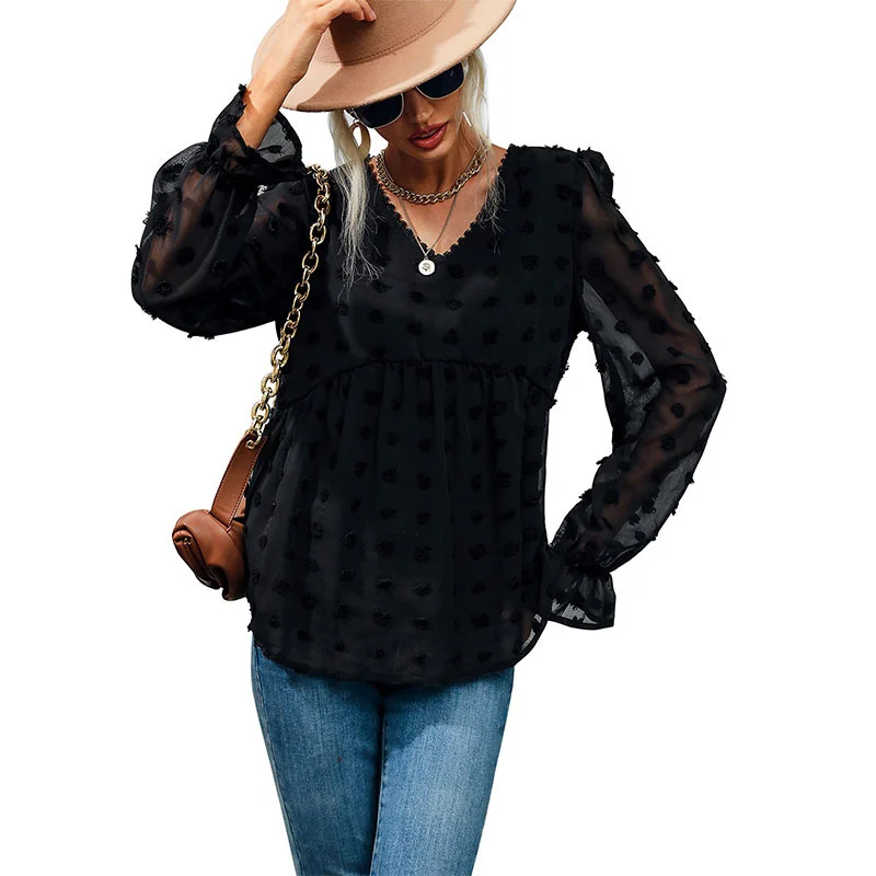 

2022 Spring Women's Blouse Black Casual Solid Color Women Blouses V-neck Fashion Tops Pullover Mesh Long Sleeved Shirt
