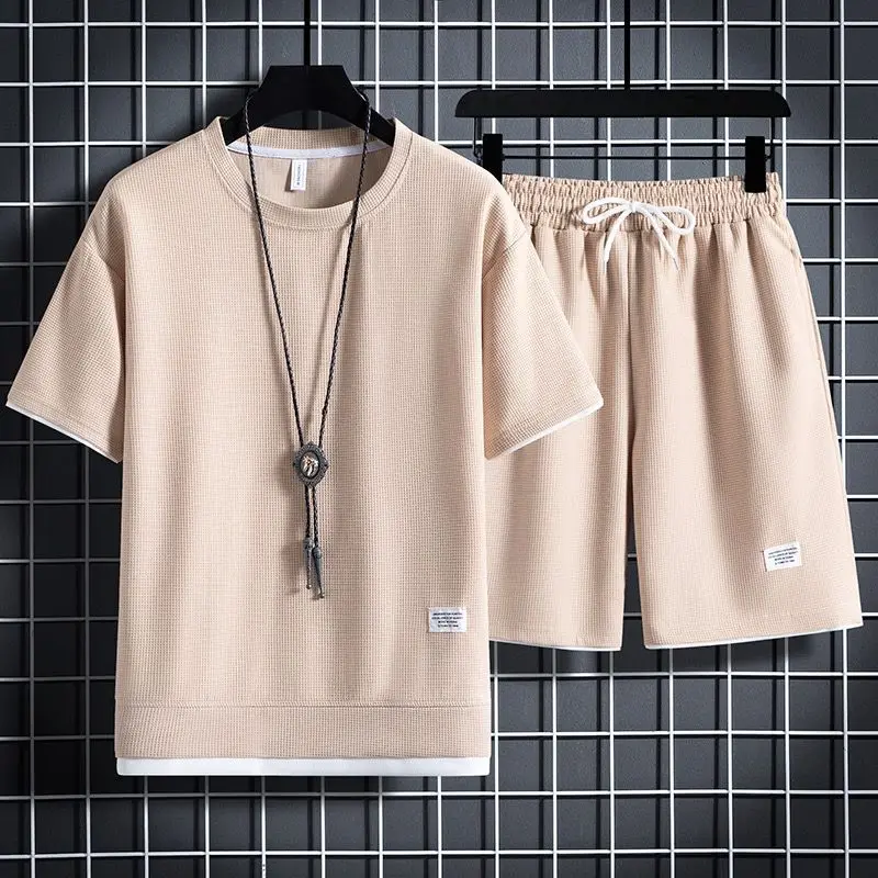 2023 Summer Men's Two Piece Set Linen Fabric Casual T-Shirt and Shorts Set Mens Sports Suit Fashion Short Sleeve Tracksuit