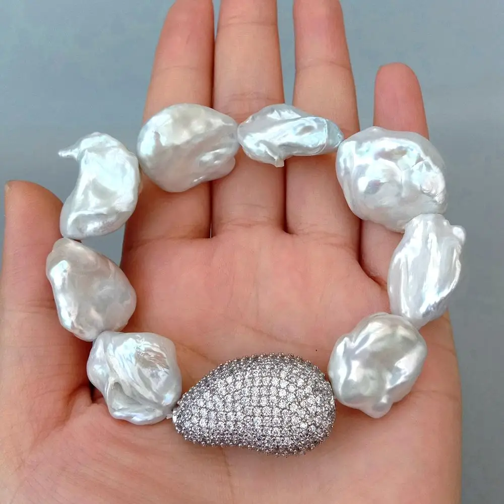 

Y.YING Pearl Bead Bracelet Freshwater Cultured Pearl White Keshi Pearl Cz Bead Stretch Bracelet