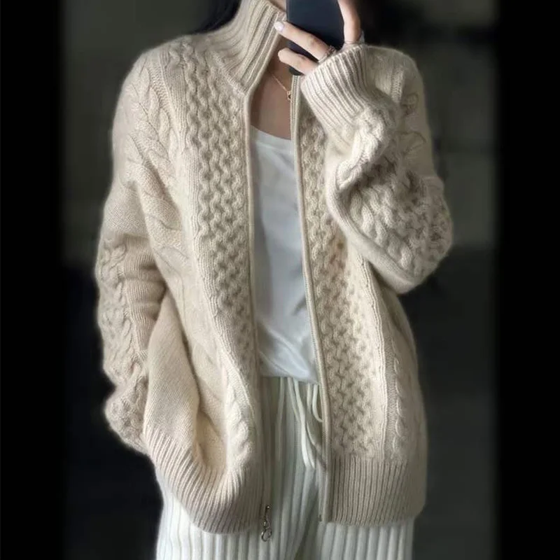 

22 Autumn Thick Turtleneck Cashmere Knitted Cardigans Runway Women Fashion Twist Long Sleeve Sweater Jacket Lady Larg Size Top