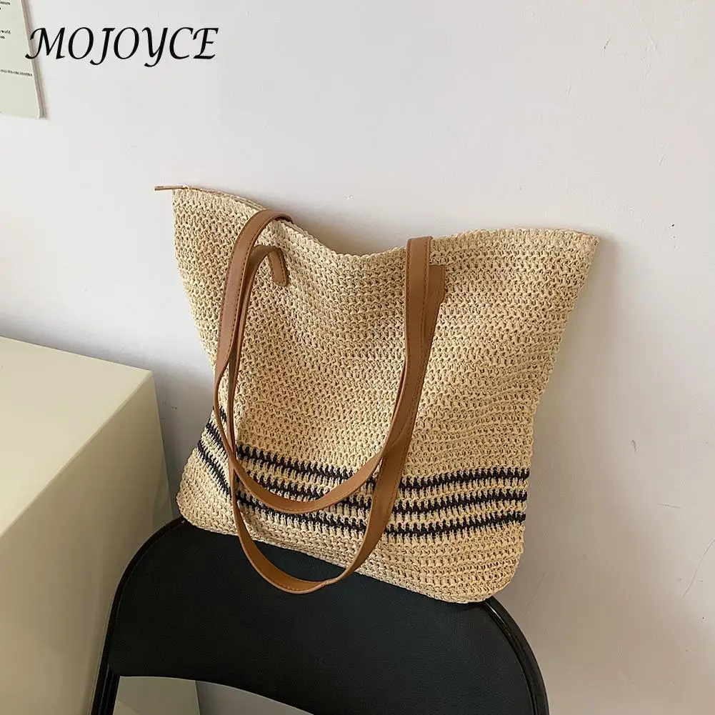 

Summer Straw Shoulder Bags for Women Striped Woven Seaside Top-handle Handbag Beach Vacation Female Shopping Handbag Totes Purse