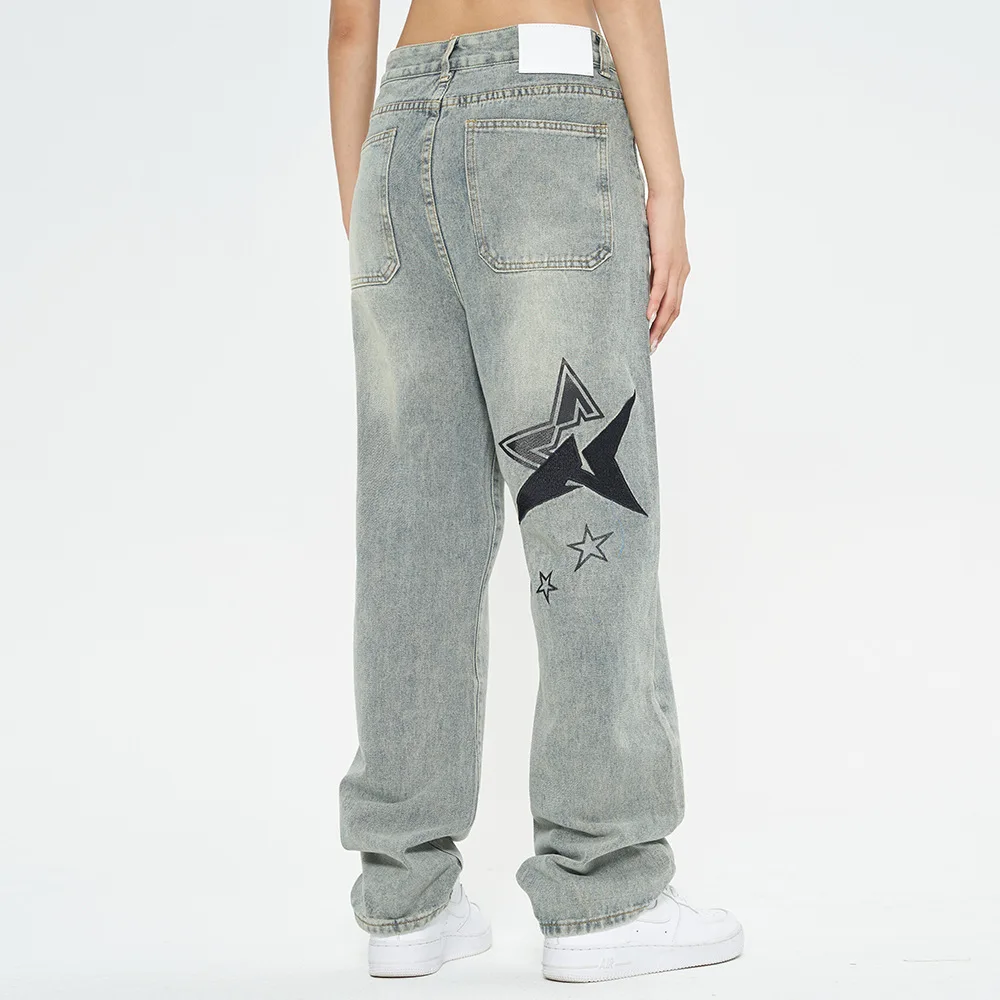 American Hip Hop Star Embroidery Washed Old Men Jeans Pants Y2K Straight Oversized Denim Trousers Loose Streetwear Pantalones