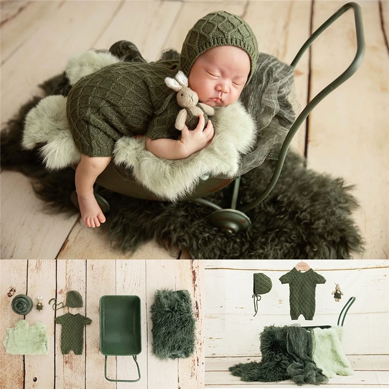 Newborn Baby Photography Props Forest Green Retro Iron Trolley Cart Outfits Wrap Wool Blanket Backdrop Photo Shooting Props