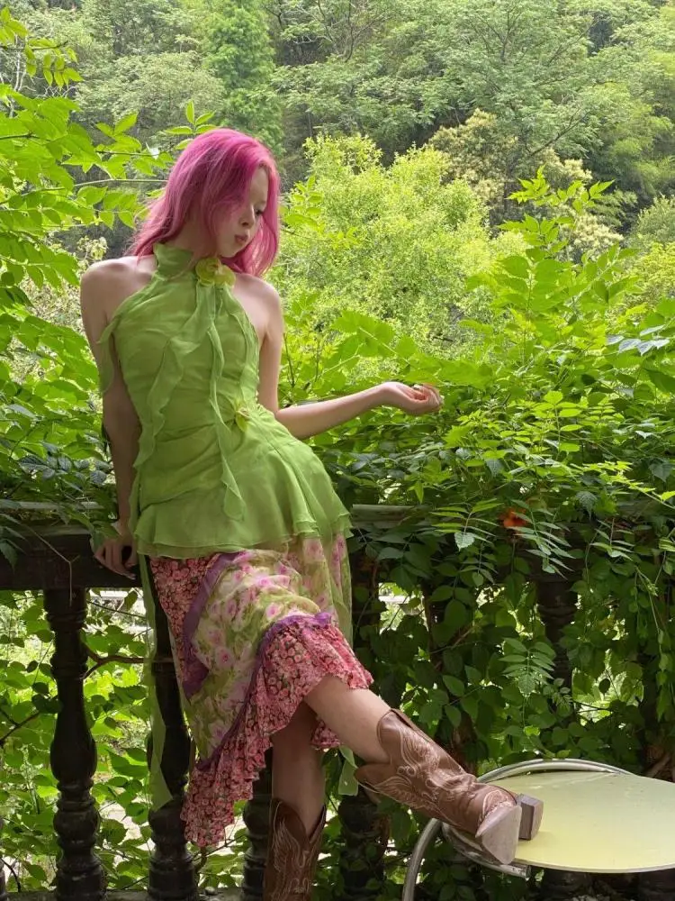 Yedinas Асимметричные волнистые зеленые топы с лямкой через шею футболки без