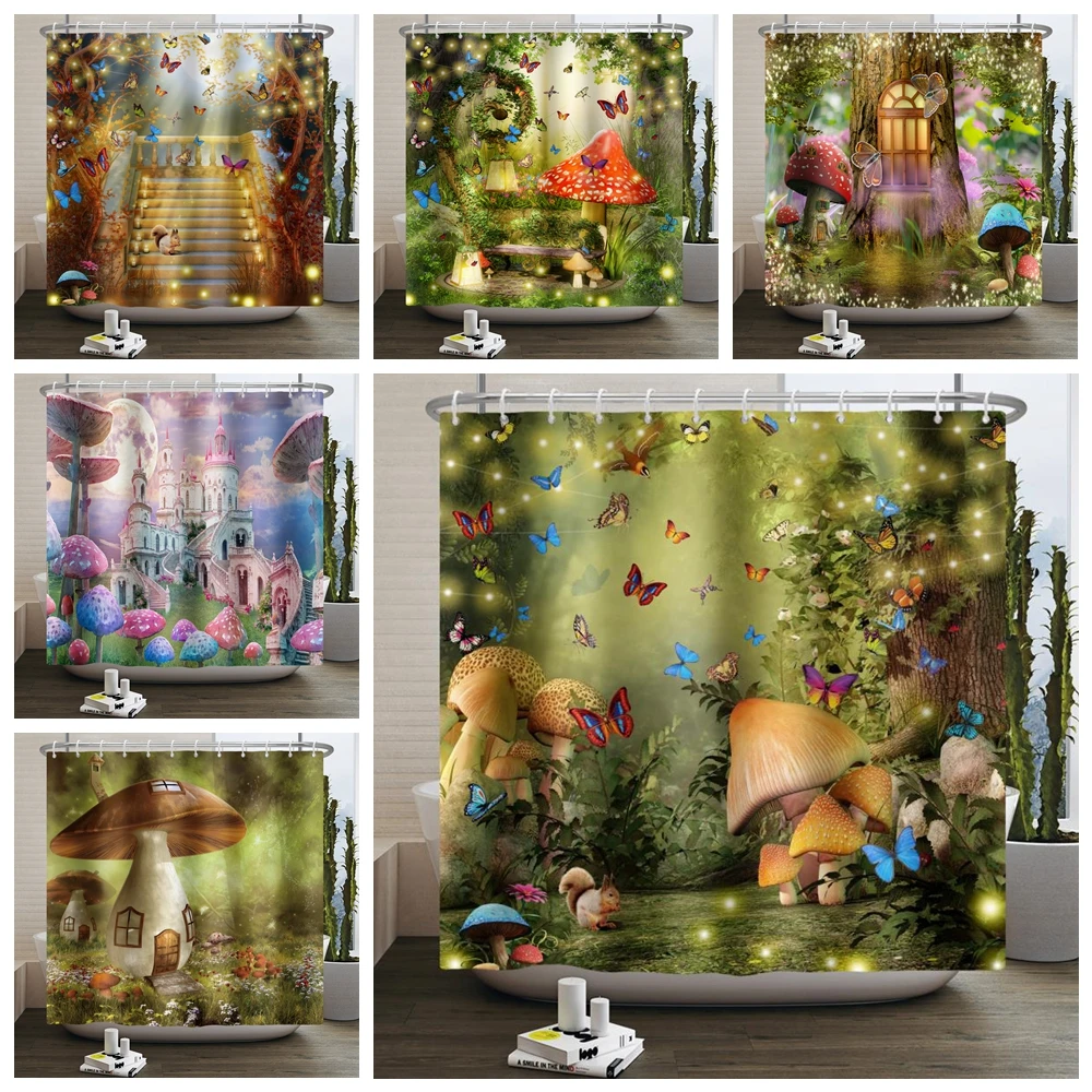 

Psychedelic Mushroom Plant Leaves Shower Curtain Fantasy Forest Butterfly Moon Castle Jungle Waterproof Fabric Bathroom Curtains