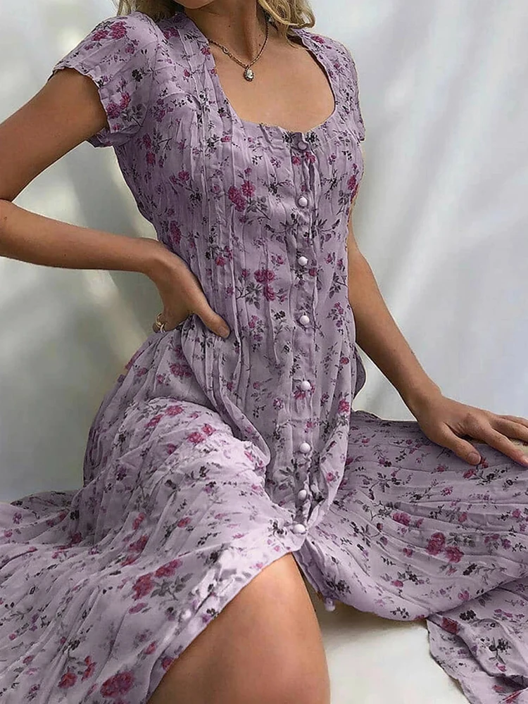 

Elegant Women Floral Print Dress Lady Fashion Short Sleeve Party Dress Spring Casual Loose Button Bohemian Long Dresses Mujer