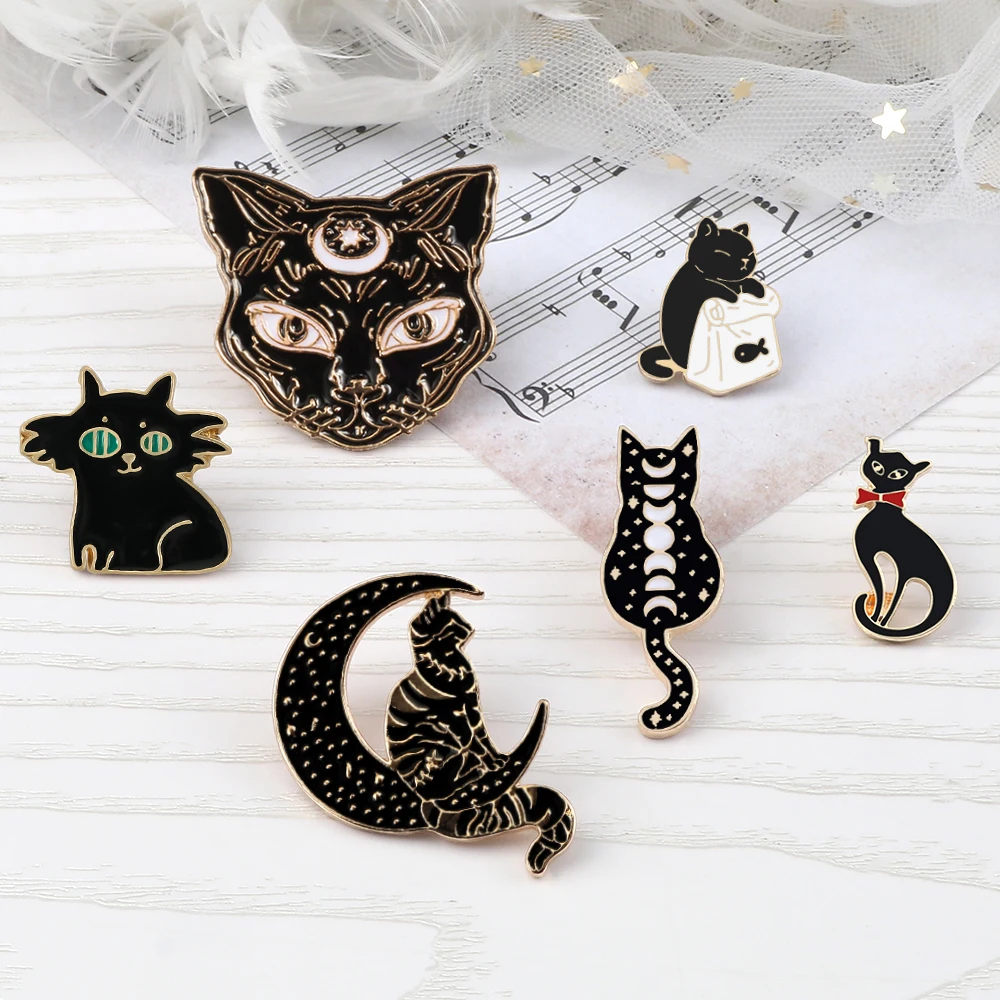 6 стилей стильные черные кошачьи эмалированные булавки металлические броши в