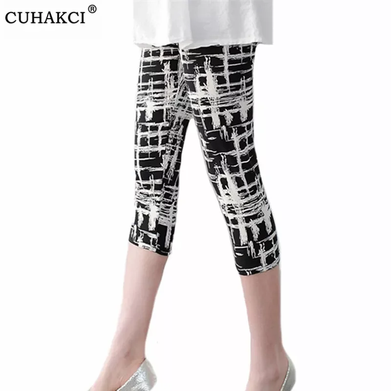 

NEW 2023 Women's Calf-Length Leggings Print Grid Short Pant Mujer Casual Elasticity Stripe Fitness Leggins