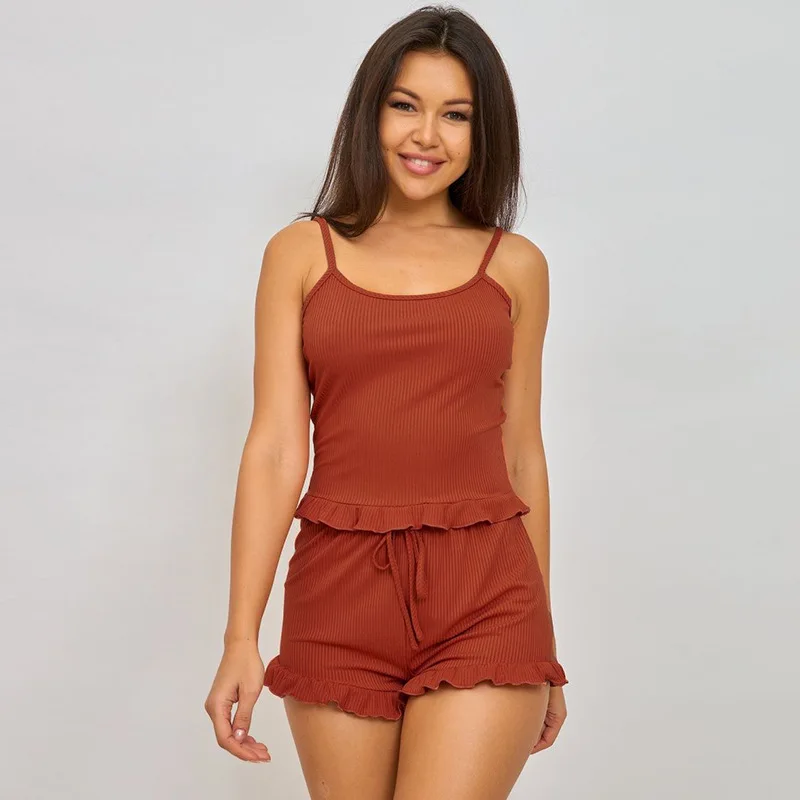 Women's 2 Pieces Rib Knit Lounge Set Crop Cami Top and Tie Front Shorts Sleepwear Pajama Set Summer Pijiamas For Women Loungwear