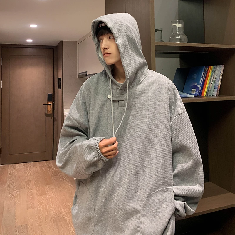 

Waffle Japanese thin sweater Men's spring and autumn pullover Youth loose hooded jacket