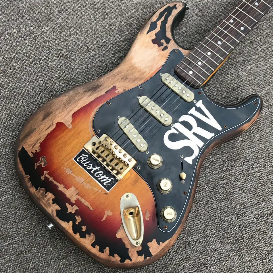 

High Quality Vintage Sunburst Relic Remains Electric Guitar,Factory Handmade SRV Aged St Guitarra