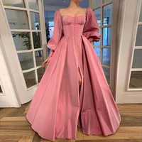 modern prom dress long puff sleeves backless pink prom gown a line sweetheart button pockets middle slit simple sexy party dress