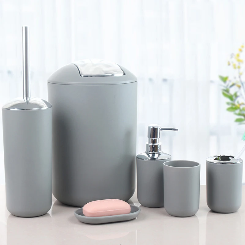 

6Pcs Bathroom Accessories Set Bath Ensemble Soap Dish Trash Can Toilet Brush Kit Bathroom Accessories