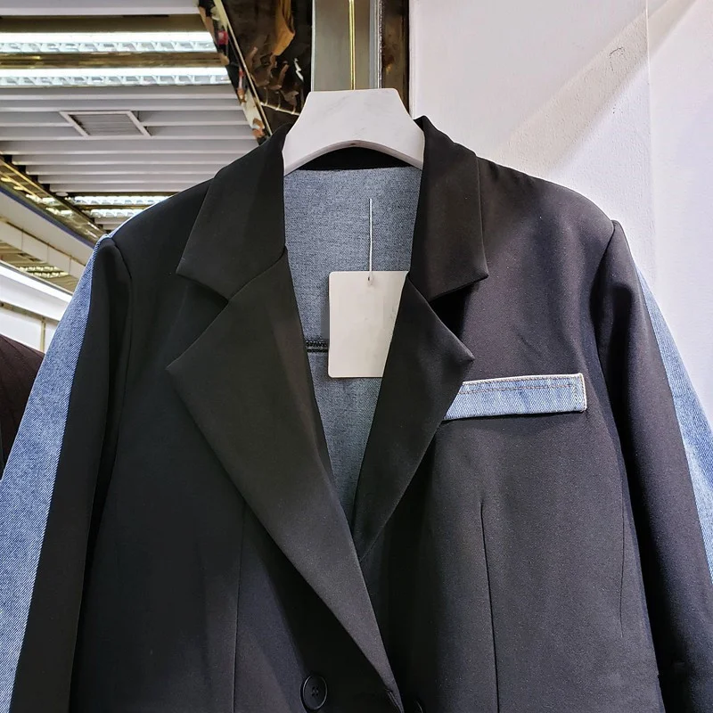 Осень 2025 г. винтажный костюм средней длины лоскутная джинсовая куртка с