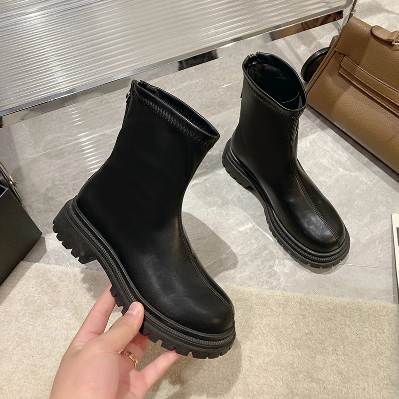 

Новые кожаные ботинки, Повседневные высокие женские ботинки на толстом каблуке, водонепроницаемая женская обувь, модная однотонная искусс...