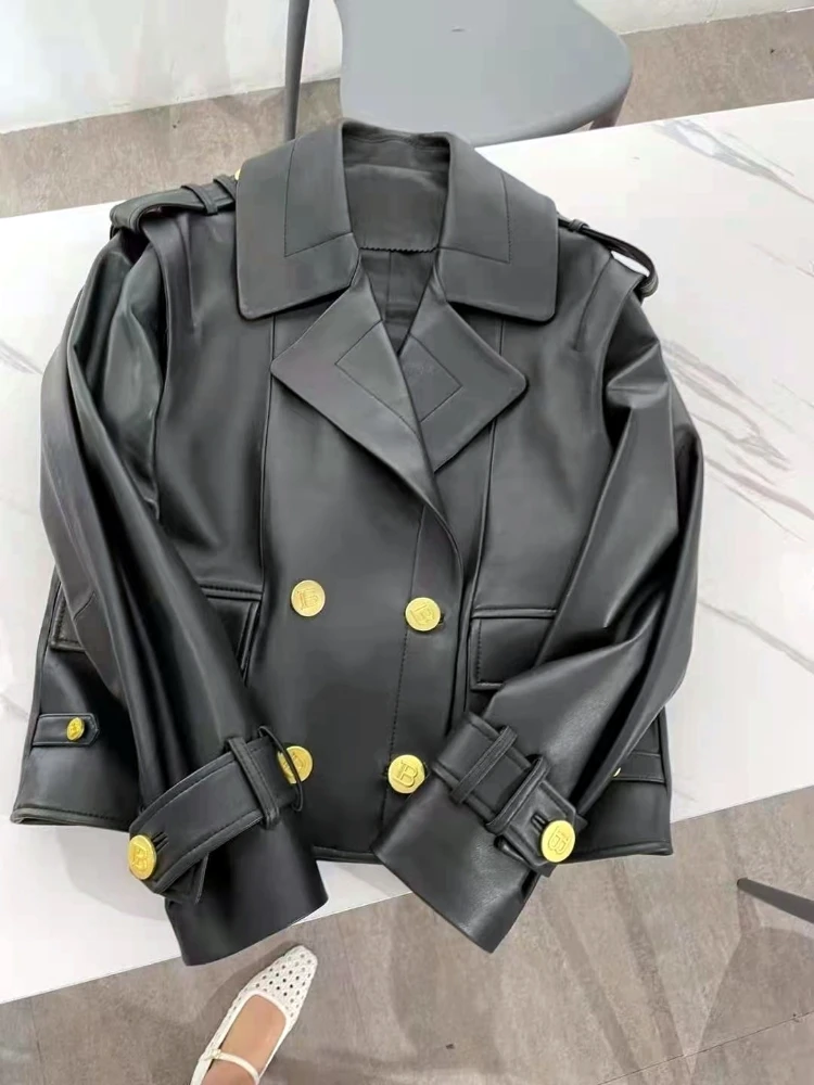 2022BL Early Spring New Imitation Sheepskin Black Suit Collar Double Row Embossed GoldenBuckle Epaulettes Biker Jacket For Women