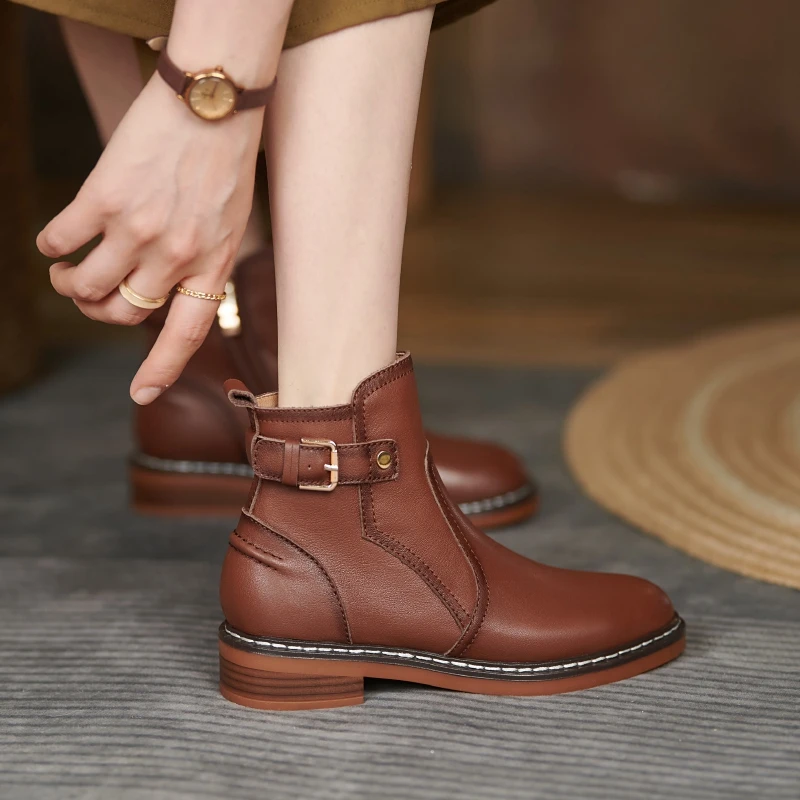 

Женские ботильоны на платформе, повседневные ботинки из натуральной кожи, на молнии, с ремешком и пряжкой, мотоциклетные ботинки, осень/зима