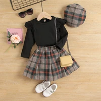 infant baby girls outfit set girls pit stripe knitted pullover with plaid pleated skirt and hat three piece set