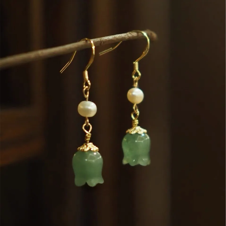 

Винтажные серьги-подвески из авантюрина и нефрита, колокольчик, жемчуг орхидеи, элегантные женские украшения с крючком, хороший подарок
