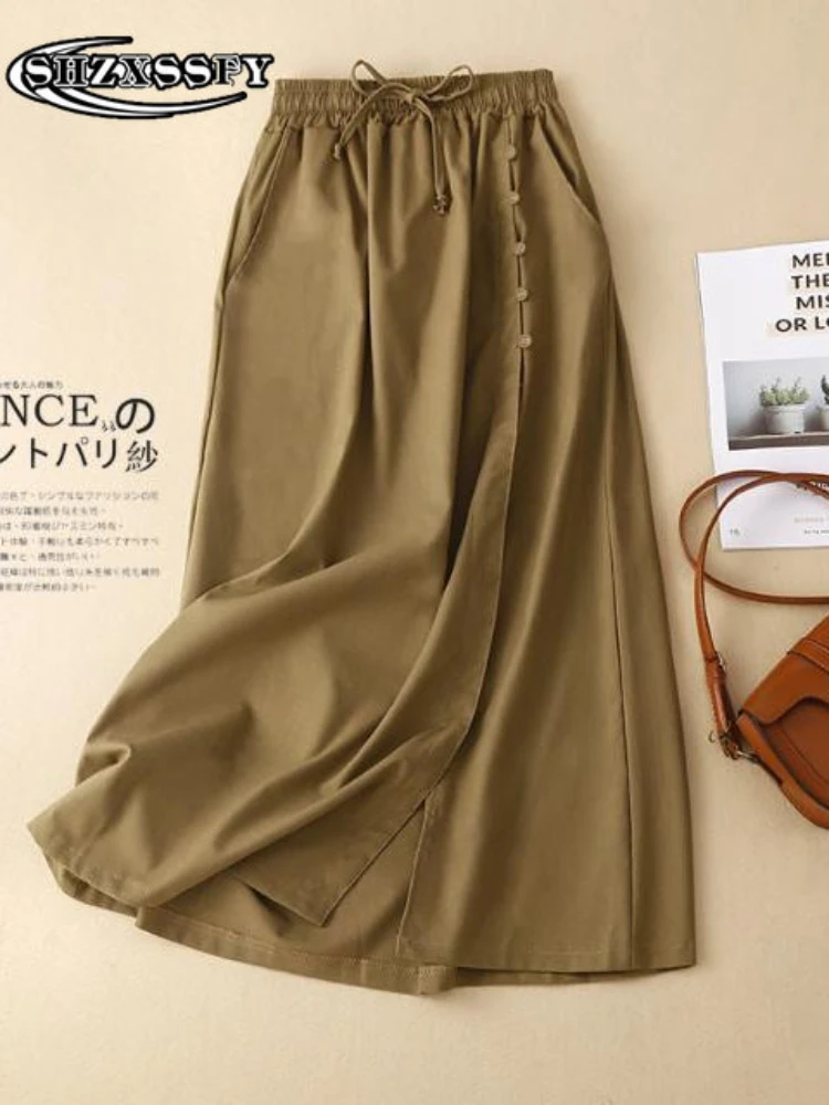 

Женская юбка из хлопка и льна, свободная длинная юбка с высокой талией, модная однотонная Повседневная винтажная женская летняя юбка, 2023