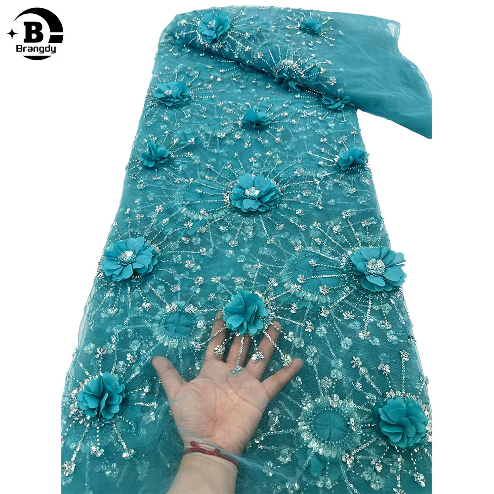 Кружевная ткань с блестками трения Высококачественная вышивка 3D Цветочная