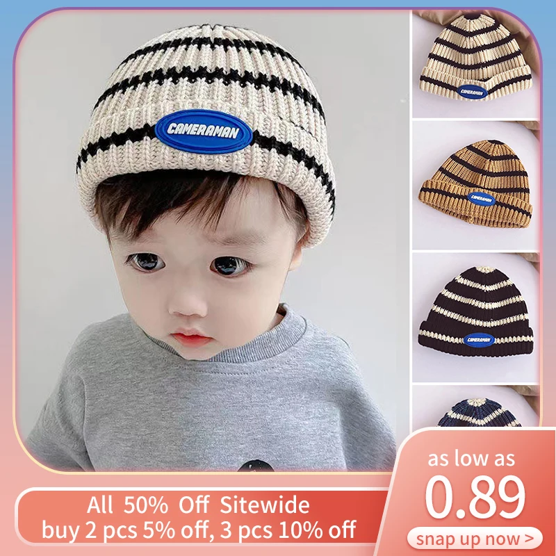 

Fashion Striped Baby Beanie Korean Boy Girl Melon Cap Autumn Winter Warm Woolen Toddler Knitted Hat Children Kids Crochet Bonnet