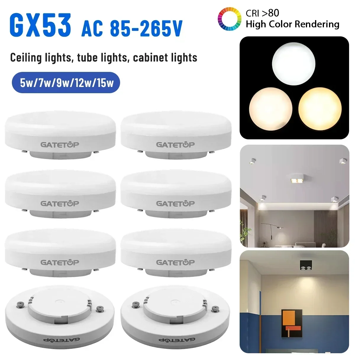 6Pcs LED Cabinet Light Bulb GX53 Replacement AC85-265V 5W 15W Without Main PC Cover Energy Saving Down CeilingLight