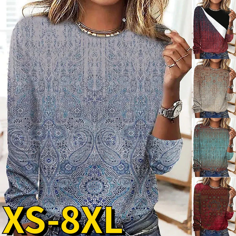 

2022 Vintage Loose T-shirt Round Neck Long Sleeve Elegant Top Autumn Winter Women's Everyday Street New Design Printing Pullover