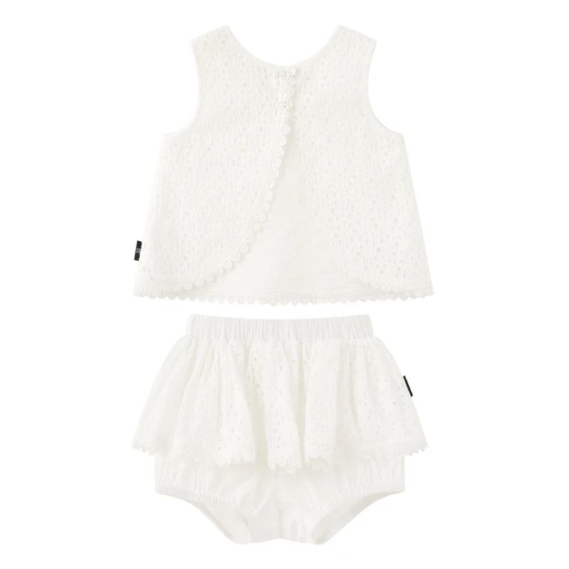 

Y55B Girls Summer Outfit Sleeveless Hollow Shirt Shorts White Color Summer Outdoor Casual Clothing 2pcs Toddler Girl Clothes