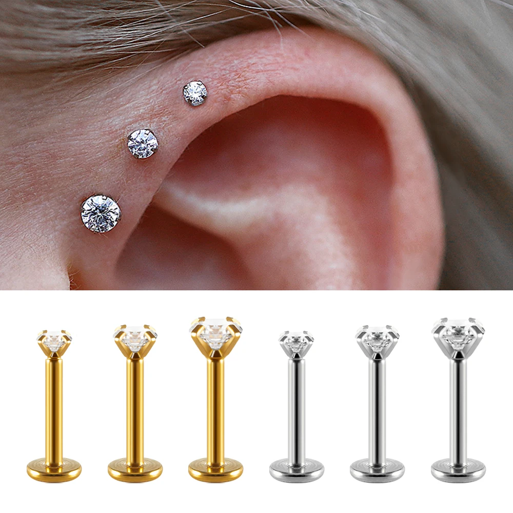 2PC Labret Tragus Stud Earrings 16G Surgical Stainless Steel CZ Crystal  Monroe Helix Cartialge Conch Medusa Lip Body Piercing J