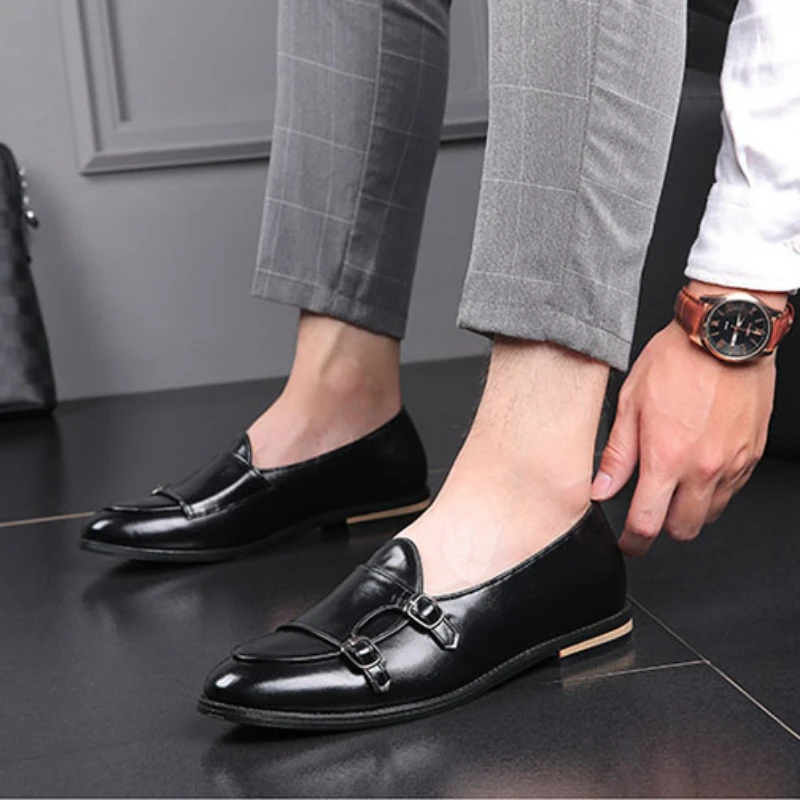 

Coslony New Flat Shoes Men Loafer 2022 Fashion Handmade Retro double monk buckle straps Casual Shoes Men Moccasins Leather