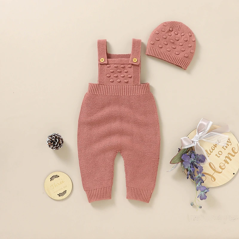 

Baby Rompers Clothes Fashion Solid Sleeveless Knitted Newborn Boys Girls Strap Jumpsuits Hats Outfits Spring Autumn Toddler Wear