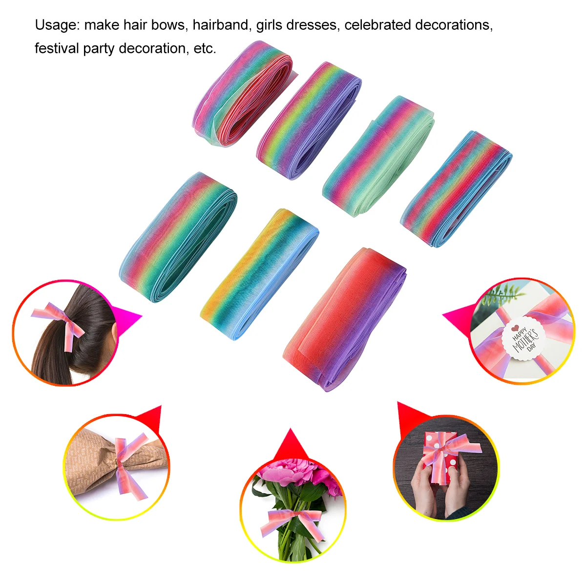 

7 pcs Rainbow Ribbons Gift Wrap 2.5cm Translucent Wedding Hair Accessories DIY Ribbons Chiffon Ribbon for Craft