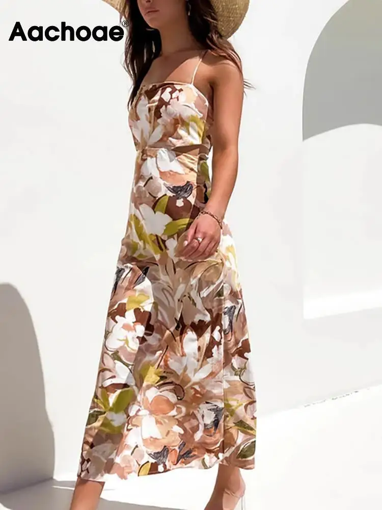 

Aachoae Summer Boho Style Floral Printed Midi Dresses Women Sexy Spaghetti Strap A Line Dress Ladies Casual Beach Part Dresses