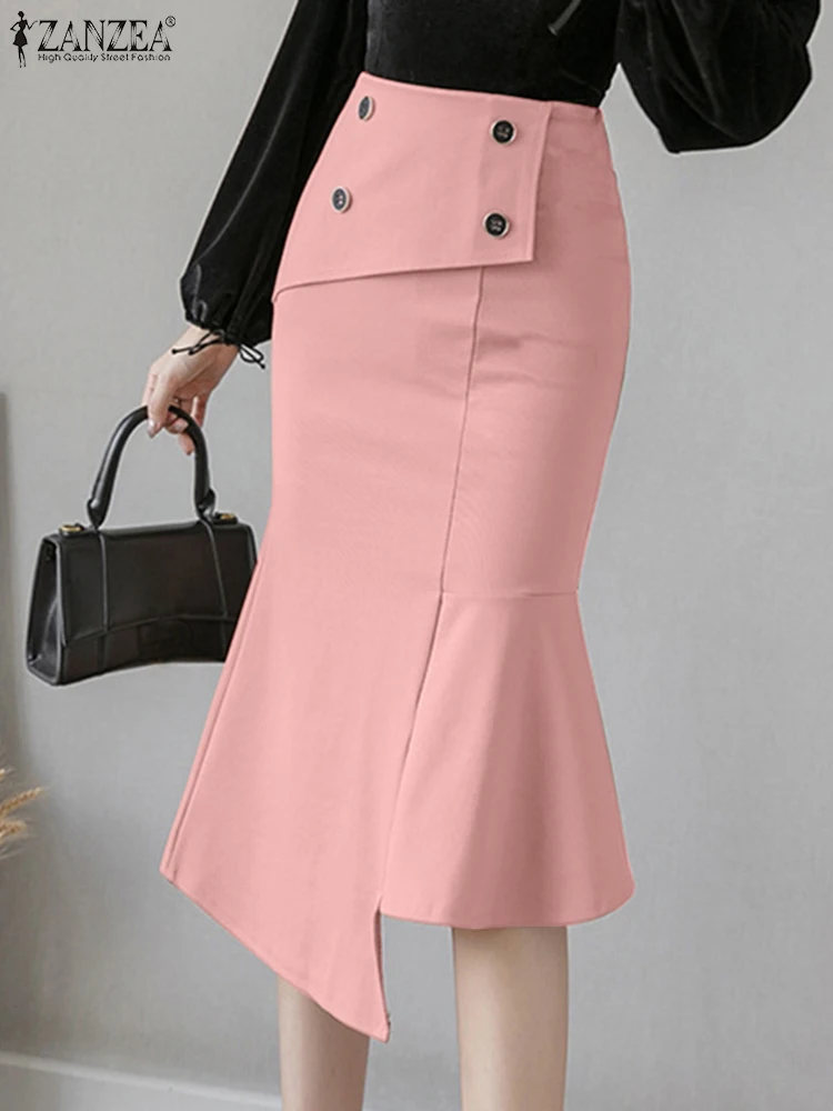 

ZANZEA Women Elegant OL Jupes Folded Over High Waist Midi Skirt Korean Fashion Asymmetric Splicing Ruffled Hem Mermaid Skirts
