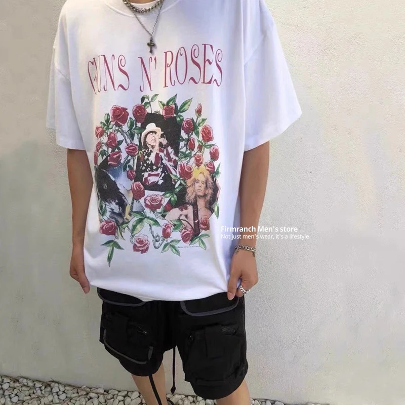 

Firmranch Guns Rose tshirt Homme Print Wash Black High Quality Marilyn Monroe T-shirts For Men Women Cotton Top Short Sleeve