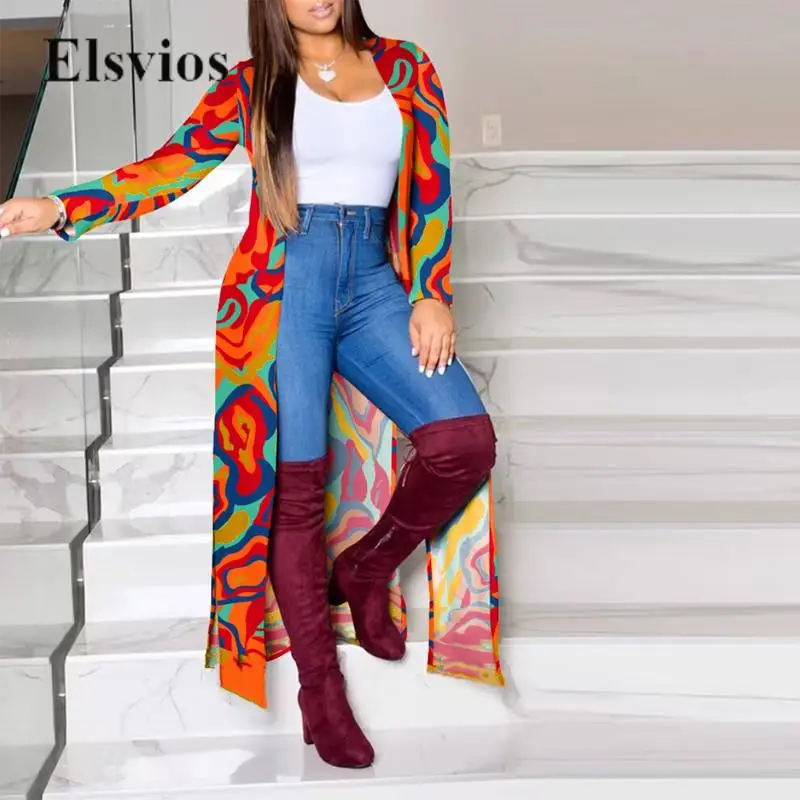 

Office Ladies Fashion Street Print Loose Long Coat Outwear Elegant Long Sleeve Windbreak Tops Autumn Casual Women Shawl Cardigan