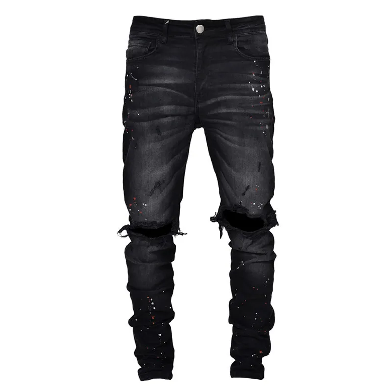 2022 New Men's Slim Jeans Hipster Knee Hole Paint Pencil Pants Autumn Ripped Jeans Full Length Streetwear Men Denim Pants