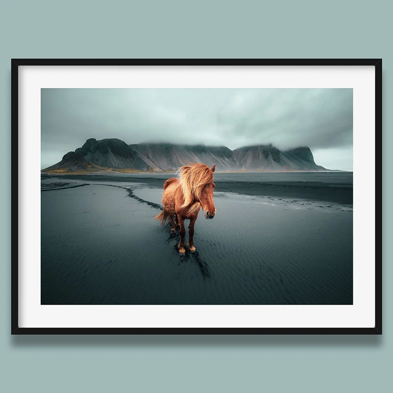 

Iceland Landscape Poster Print Icelandic Horse Snowy Mountains Ocean Nordic Wall Art Picture Living Room Decor Canvas Painting