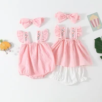 summer embroidery fly sleeve romper outfits cute baby girl plaid flower crawling clothes casual bodysuit one piece 0 2years