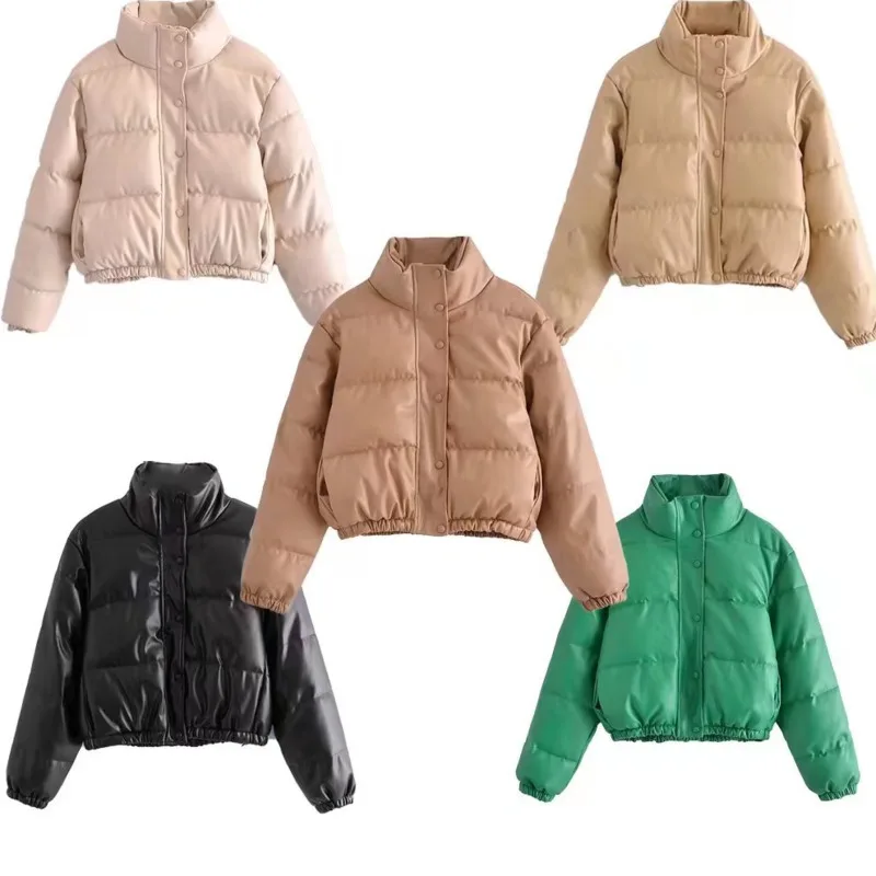 

Women Solid Faux Leather Winter Fashion Coats Ladies High Waist Puffer Coat Quilted Jacket Female Thick Outerwear 2022