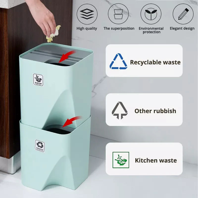 Household Trash Can Stacked Sorting Garbage Bin Recycling Bin Kitchen Dry and Wet Separation Waste Bin Home Rubbish Storage Bin