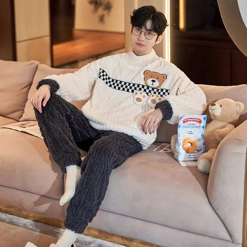 QUHENG Flannel Men's Pajama Pants Set 2022 Autumn Winter New Thick Warm Sleepwear for Couples Casual Loose Home Costumes Set