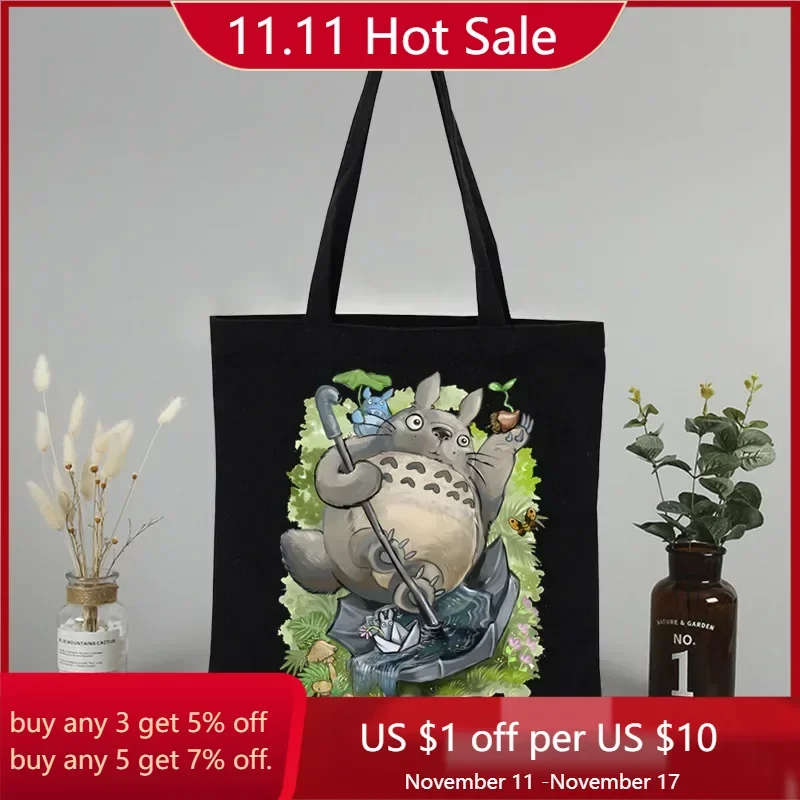 

Kawaii Cute 90s Y2k Cat Totoro Fashion Shopping Black Bags Canvas Tote Bag Mom Reusable Cloth Bag Handbag Shoulder Bags