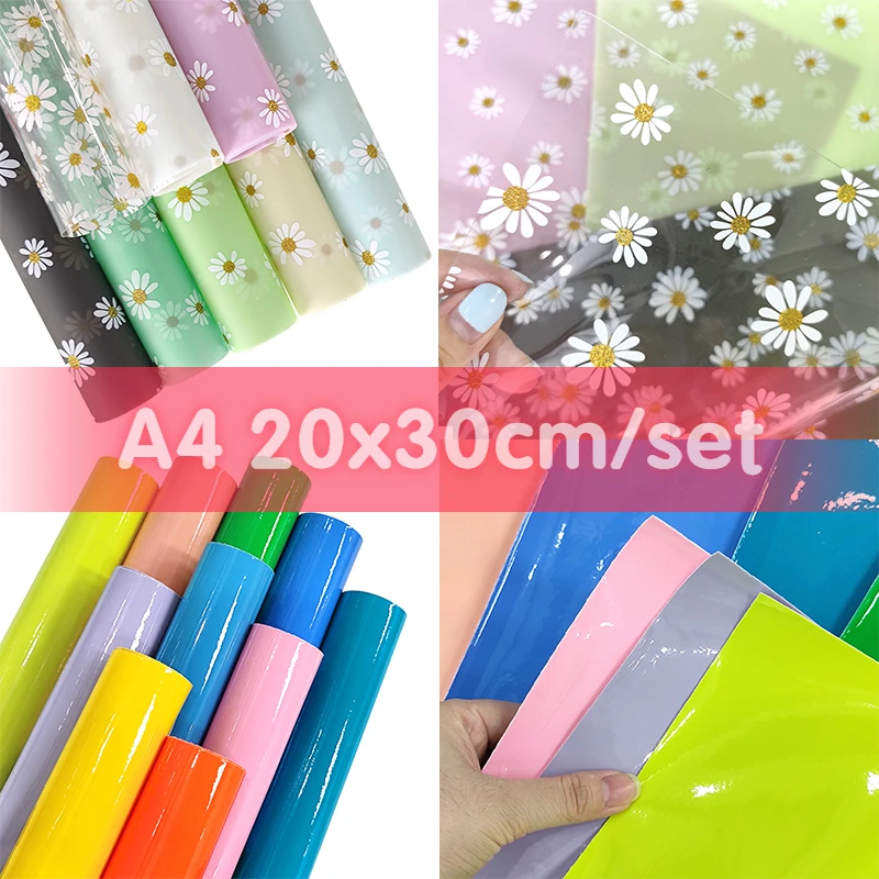 

A4/set Translucide PVC Daisy Flower Printed Colored Soft Plastic Film Fabric for Making Craft Hair Bow Notebook Covers Protector