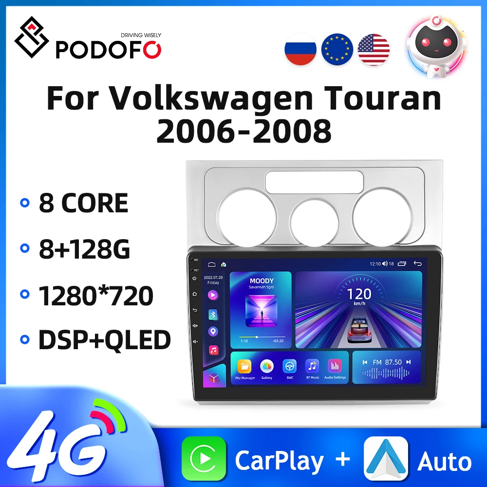 

Автомагнитола Podofo, 2DIN, Android, для Volkswagen Touran 2006-2008, мультимедийный видеоплеер, GPS-навигация, Авторадио для Carplay, 4G, Wi-Fi