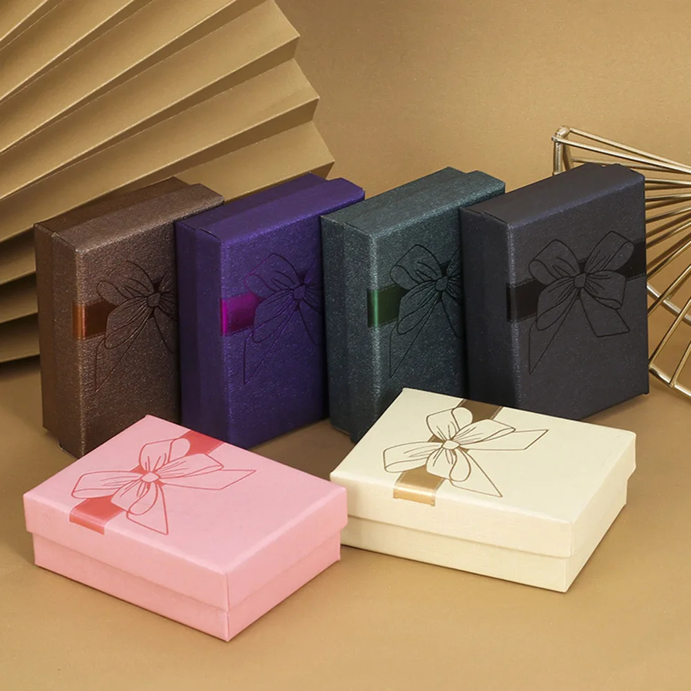 

Bronzing Stamped Bow Jewelry Organizer Storage Gift Box Necklace Earrings Ring Box Paper Jewellry Packaging Container