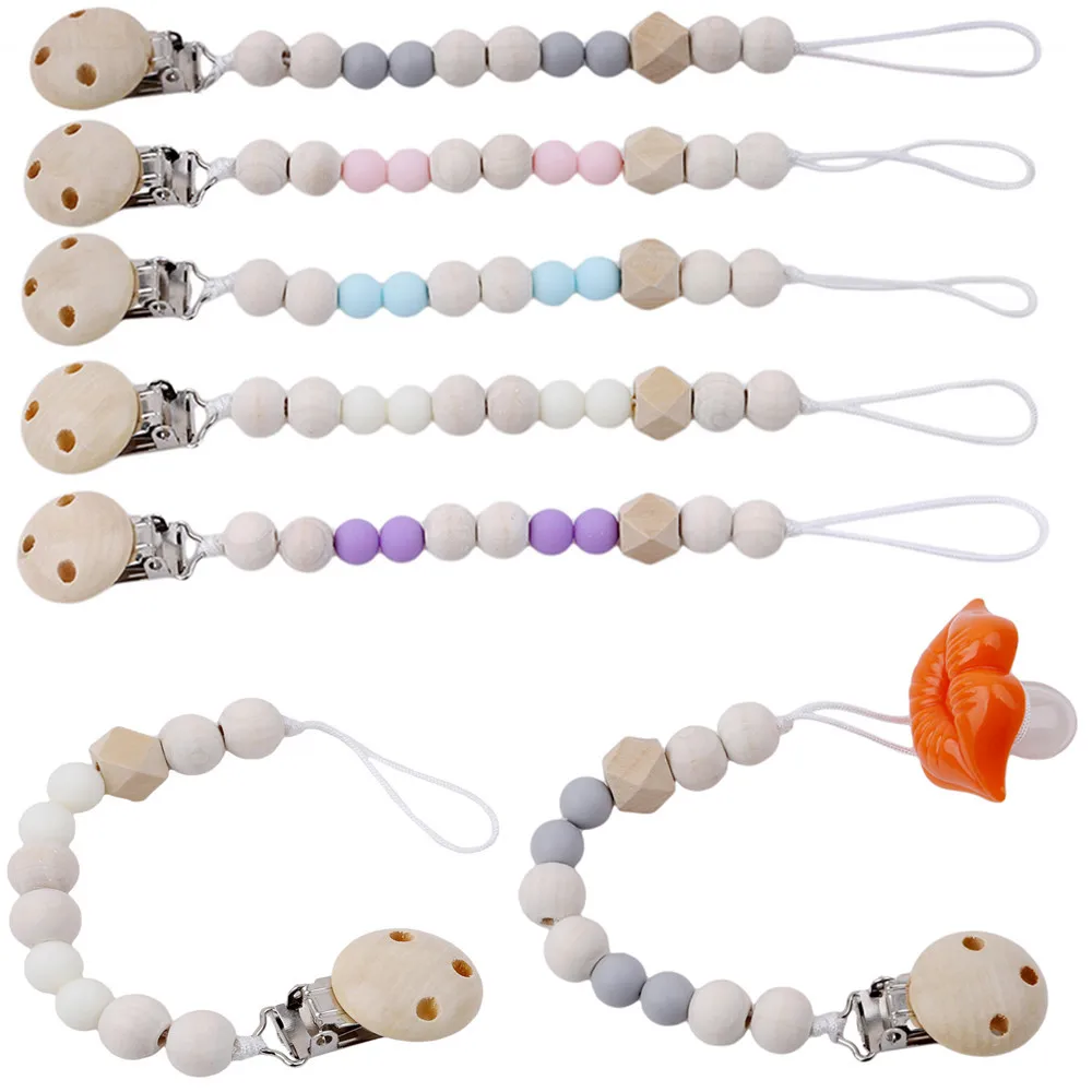 

Baby Pacifier Handmade Beech Wooden Pacifier Clips Holder Chain Wooden Beads Dummy Pacifier Chains Baby Teether Teething Chain